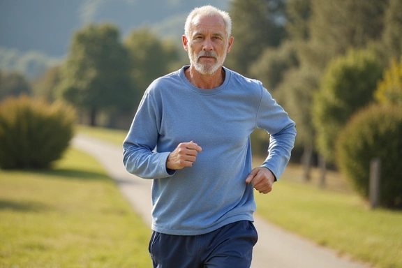 Uomo anziano che fa jogging all'aperto, simbolo di invecchiamento sano e vitalità continua.