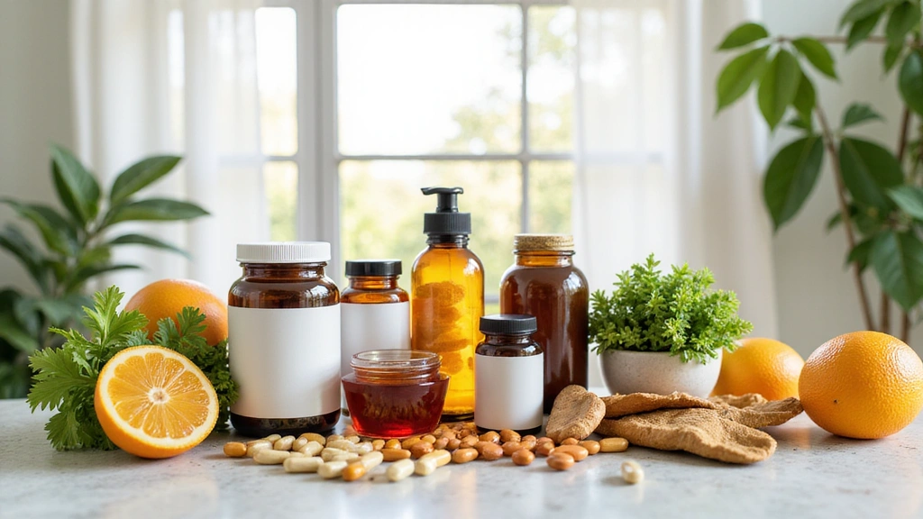 Assortimento di integratori alimentari e prodotti naturali in un ambiente luminoso.