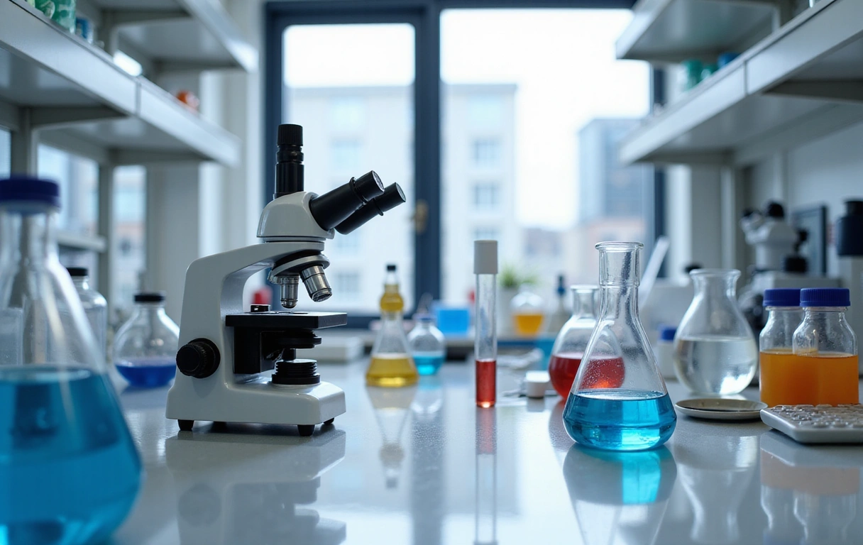 Microscopio e provette in un laboratorio moderno che simboleggia la ricerca scientifica