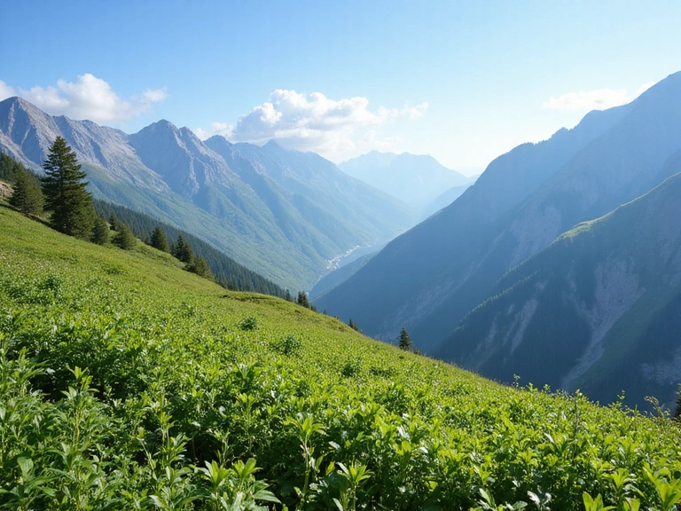 Paesaggio montano incontaminato con vegetazione lussureggiante, che evoca ingredienti naturali e purezza