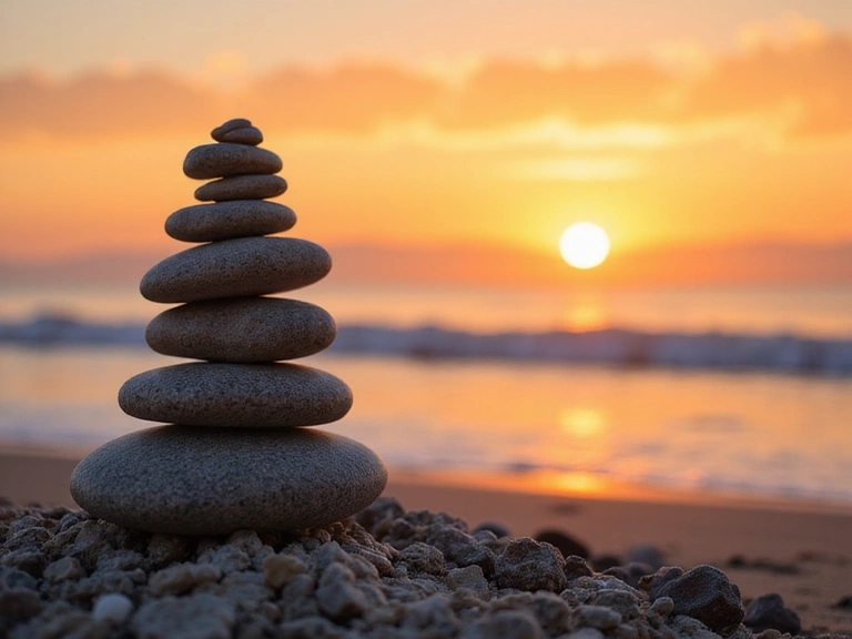Pila di rocce bilanciate su una spiaggia con un tramonto sullo sfondo, che simboleggia equilibrio e armonia