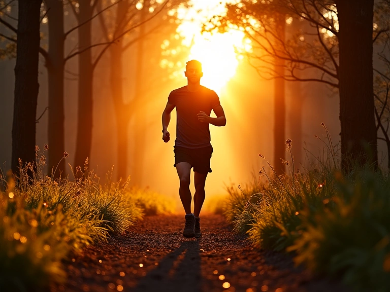 Uomo che corre lungo un sentiero nel bosco, simbolo di vitalità, energia e stile di vita attivo